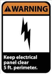 NMC - "Warning - Keep Electrical Panel Clear 5 Ft. Perimeter", 14" Long x 10" Wide, Pressure-Sensitive Vinyl Safety Sign - Rectangle, 0.004" Thick, Use for Accident Prevention - USA Tool & Supply