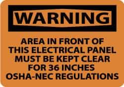 NMC - "Warning - Area in Front of This Electrical Panel Must Be Kept Clear for 36 Inches - OSHA-NEC Regulations", 10" Long x 14" Wide, Aluminum Safety Sign - Rectangle, 0.04" Thick, Use for Accident Prevention - USA Tool & Supply