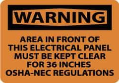 NMC - "Warning - Area in Front of This Electrical Panel Must Be Kept Clear for 36 Inches - OSHA-NEC Regulations", 10" Long x 14" Wide, Aluminum Safety Sign - Rectangle, 0.04" Thick, Use for Accident Prevention - USA Tool & Supply
