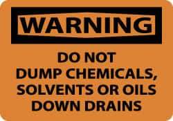 NMC - "Warning - Do Not Dump Chemicals, Solvents or Oils Down Drains", 10" Long x 14" Wide, Pressure-Sensitive Vinyl Safety Sign - Rectangle, 0.004" Thick, Use for Accident Prevention - USA Tool & Supply