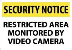 NMC - "Security Notice - Restricted Area Monitored by Video Camera", 14" Long x 20" Wide, Rigid Plastic Safety Sign - Rectangle, 0.05" Thick, Use for Security & Admittance - USA Tool & Supply