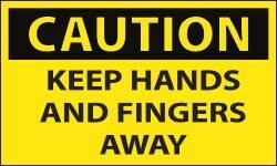 NMC - Accident Prevention Label, Header: CAUTION - Legend: Caution - Keep Hands and Fingers Away, English, Black & Yellow, 5" Long x 3" High, Sign Muscle Finish - USA Tool & Supply