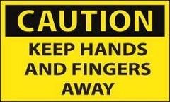 NMC - Accident Prevention Label, Header: CAUTION - Legend: Caution - Keep Hands and Fingers Away, English, Black & Yellow, 5" Long x 3" High, Sign Muscle Finish - USA Tool & Supply