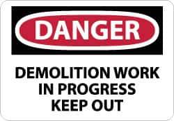 NMC - "Danger - Demolition Work in Progress - Keep Out", 10" Long x 14" Wide, Pressure-Sensitive Vinyl Safety Sign - Rectangle, 0.004" Thick, Use for Accident Prevention - USA Tool & Supply