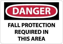 NMC - "Danger - Fall Protection Required in This Area", 10" Long x 14" Wide, Pressure-Sensitive Vinyl Safety Sign - Rectangle, 0.004" Thick, Use for Accident Prevention - USA Tool & Supply