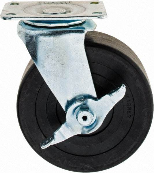 E.R. Wagner - 5" Diam x 2" Wide x 6" OAH Top Plate Mount Swivel Caster with Brake - Hard Rubber, 450 Lb Capacity, 2-3/4 x 3-3/4" Plate - USA Tool & Supply