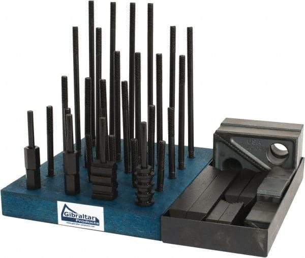 Gibraltar - 50 Piece Fixturing Step Block & Clamp Set with 1" Step Block, 7/16" T-Slot, 3/8-16 Stud Thread - 11/16" Nut Width, 3, 4, 5, 6, 7 & 8" Stud Lengths - USA Tool & Supply