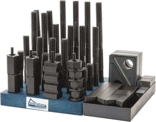 Gibraltar - 50 Piece Fixturing Step Block & Clamp Set with 1" Step Block, 11/16" T-Slot, 5/8-11 Stud Thread - 1-1/8" Nut Width, 3, 4, 5, 6, 7 & 8" Stud Lengths - USA Tool & Supply