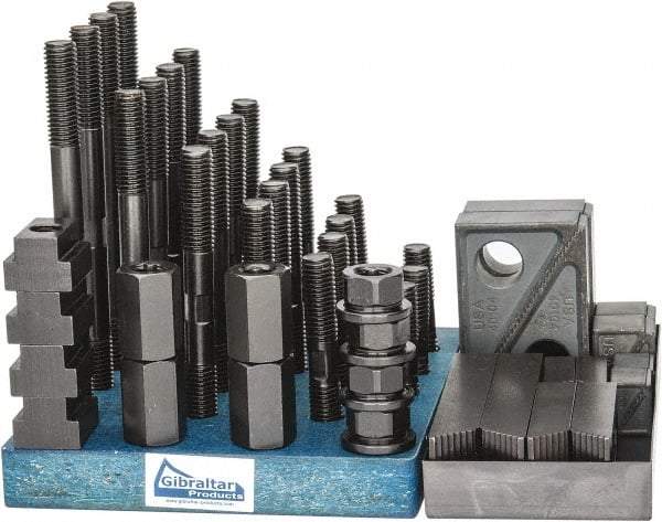 Gibraltar - 50 Piece Fixturing Step Block & Clamp Set with 1" Step Block, 13/16" T-Slot, 5/8-11 Stud Thread - 1-1/4" Nut Width, 3, 4, 5, 6, 7 & 8" Stud Lengths - USA Tool & Supply