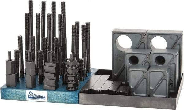 Gibraltar - 50 Piece Fixturing Step Block & Clamp Set with 1-1/2" Step Block, 9/16" T-Slot, 1/2-13 Stud Thread - 7/8" Nut Width, 3, 4, 5, 6, 7 & 8" Stud Lengths - USA Tool & Supply