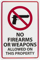 NMC - "No Firearms or Weapons Allowed On This Property", 18" Long x 12" Wide, Rigid Plastic Safety Sign - Rectangle, 0.05" Thick, Use for Security & Admittance - USA Tool & Supply