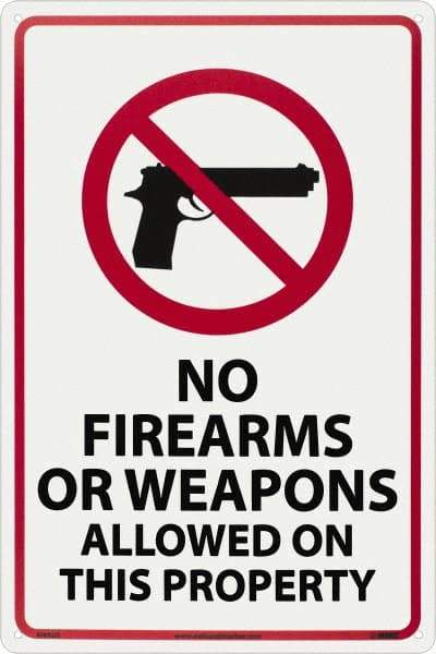 NMC - "No Firearms or Weapons Allowed On This Property", 18" Long x 12" Wide, Aluminum Safety Sign - Rectangle, 0.04" Thick, Use for Security & Admittance - USA Tool & Supply