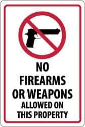 NMC - "No Firearms or Weapons Allowed On This Property", 18" Long x 12" Wide, Pressure-Sensitive Vinyl Safety Sign - Rectangle, 0.004" Thick, Use for Security & Admittance - USA Tool & Supply