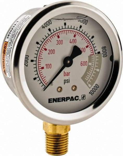 Enerpac - 0 to 10,000 psi Pressure Rating, 1/4 NPTF Gauge Connection, Hydraulic Pressure Liquid Filled Gage - 2-1/2" Face Diam - USA Tool & Supply