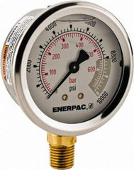 Enerpac - 0 to 10,000 psi Pressure Rating, 1/4 NPTF Gauge Connection, Hydraulic Pressure Liquid Filled Gage - 2-1/2" Face Diam - USA Tool & Supply