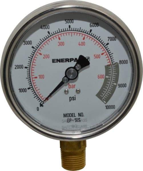 Enerpac - 0 to 10,000 psi Pressure Rating, 1/2 NPTF Gauge Connection, Hydraulic Pressure Dry Gage - 4" Face Diam - USA Tool & Supply