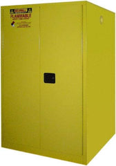 Securall Cabinets - 43" Wide x 31" Deep x 65" High, 18 Gauge Steel Vertical Drum Cabinet with 3 Point Key Lock - Yellow, Manual Closing Door, 1 Shelf, 2 Drums, Drum Rollers Included - USA Tool & Supply