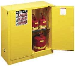 Justrite - 2 Door, 1 Shelf, Yellow Steel Standard Safety Cabinet for Flammable and Combustible Liquids - 44" High x 43" Wide x 18" Deep, Self Closing Door, 3 Point Key Lock, 30 Gal Capacity - USA Tool & Supply