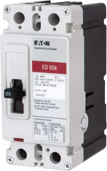 Eaton Cutler-Hammer - 125 Amp, 125 VDC, 240 VAC, 2 Pole, Molded Case Circuit Breaker - Thermal Magnetic Trip, 65 kA at 240 VAC Breaking Capacity, 4-4/0 AWG, 3-3/8 Inch Deep x 6 Inch High x 2-3/4 Inch Wide - USA Tool & Supply