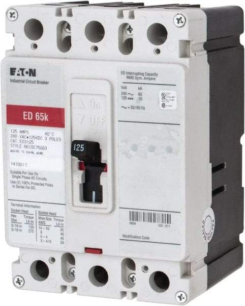 Eaton Cutler-Hammer - 125 Amp, 125 VDC, 240 VAC, 3 Pole, Molded Case Circuit Breaker - Thermal Magnetic Trip, 65 kA at 240 VAC Breaking Capacity, 4-4/0 AWG, 3-3/8 Inch Deep x 6 Inch High x 4-1/8 Inch Wide - USA Tool & Supply