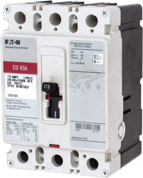 Eaton Cutler-Hammer - 175 Amp, 125 VDC, 240 VAC, 3 Pole, Molded Case Circuit Breaker - Thermal Magnetic Trip, 65 kA at 240 VAC Breaking Capacity, 4-4/0 AWG, 3-3/8 Inch Deep x 6 Inch High x 4-1/8 Inch Wide - USA Tool & Supply