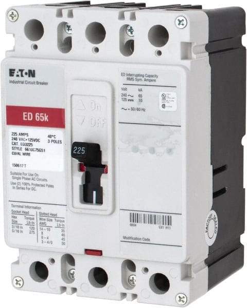 Eaton Cutler-Hammer - 225 Amp, 125 VDC, 240 VAC, 3 Pole, Molded Case Circuit Breaker - Thermal Magnetic Trip, 65 kA at 240 VAC Breaking Capacity, 4-4/0 AWG, 3-3/8 Inch Deep x 6 Inch High x 4-1/8 Inch Wide - USA Tool & Supply