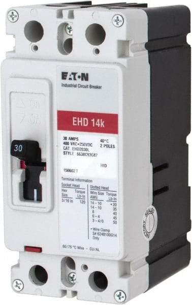 Eaton Cutler-Hammer - 30 Amp, 250 VDC, 480 VAC, 2 Pole, Molded Case Circuit Breaker - Thermal Magnetic Trip, 18 kA at 240 VAC Breaking Capacity, 14-1/0 AWG, 3-3/8 Inch Deep x 6 Inch High x 2-3/4 Inch Wide - USA Tool & Supply