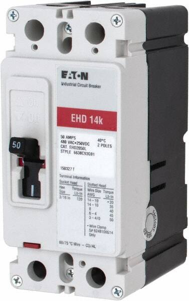 Eaton Cutler-Hammer - 50 Amp, 250 VDC, 480 VAC, 2 Pole, Molded Case Circuit Breaker - Thermal Magnetic Trip, Multiple Breaking Capacity Ratings, 14-1/0 AWG, 3-3/8 Inch Deep x 6 Inch High x 2-3/4 Inch Wide - USA Tool & Supply
