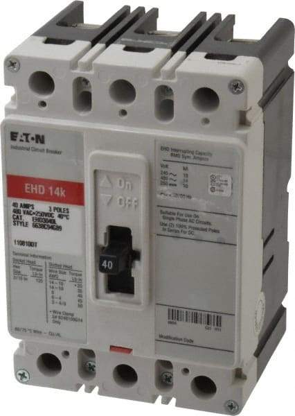 Eaton Cutler-Hammer - 40 Amp, 250 VDC, 480 VAC, 3 Pole, Molded Case Circuit Breaker - Thermal Magnetic Trip, 18 kA at 240 VAC Breaking Capacity, 14-1/0 AWG, 3-3/8 Inch Deep x 6 Inch High x 4-1/8 Inch Wide - USA Tool & Supply