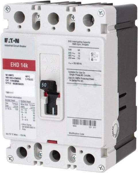 Eaton Cutler-Hammer - 50 Amp, 250 VDC, 480 VAC, 3 Pole, Molded Case Circuit Breaker - Thermal Magnetic Trip, 18 kA at 240 VAC Breaking Capacity, 14-1/0 AWG, 3-3/8 Inch Deep x 6 Inch High x 4-1/8 Inch Wide - USA Tool & Supply