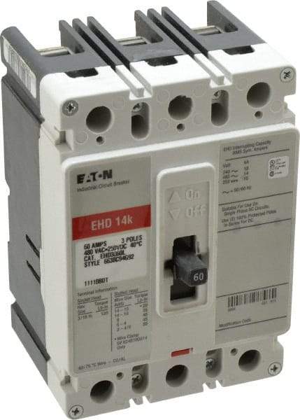Eaton Cutler-Hammer - 60 Amp, 250 VDC, 480 VAC, 3 Pole, Molded Case Circuit Breaker - Thermal Magnetic Trip, 18 kA at 240 VAC Breaking Capacity, 14-1/0 AWG, 3-3/8 Inch Deep x 6 Inch High x 4-1/8 Inch Wide - USA Tool & Supply