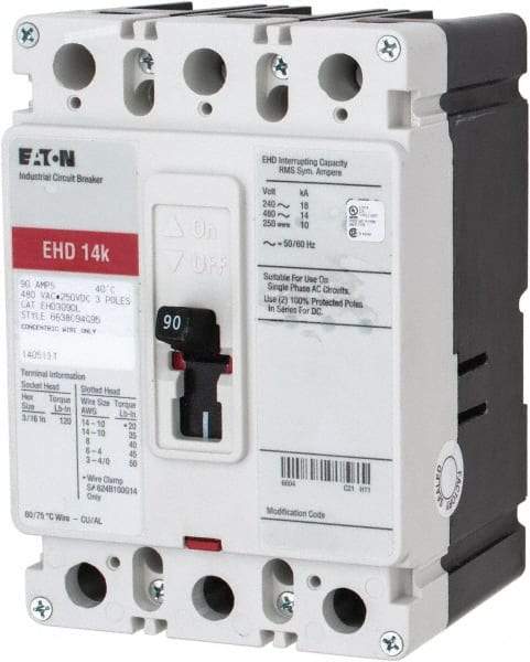 Eaton Cutler-Hammer - 90 Amp, 250 VDC, 480 VAC, 3 Pole, Molded Case Circuit Breaker - Thermal Magnetic Trip, 18 kA at 240 VAC Breaking Capacity, 14-1/0 AWG, 3-3/8 Inch Deep x 6 Inch High x 4-1/8 Inch Wide - USA Tool & Supply