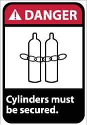 NMC - "Danger - Cylinders Must Be Secured", 14" Long x 10" Wide, Pressure-Sensitive Vinyl Safety Sign - Rectangle, 0.004" Thick, Use for Accident Prevention - USA Tool & Supply