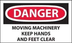 NMC - Accident Prevention Label, Header: DANGER - Legend: Danger - Moving Machinery - Keep Hands and Feet Clear, English, Red, Black & White, 5" Long x 3" High, Sign Muscle Finish - USA Tool & Supply