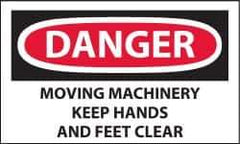 NMC - Accident Prevention Label, Header: DANGER - Legend: Danger - Moving Machinery - Keep Hands and Feet Clear, English, Red, Black & White, 5" Long x 3" High, Sign Muscle Finish - USA Tool & Supply