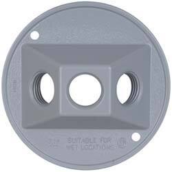 Cooper Crouse-Hinds - 3 Outlet, 1/2" Hole Diam, Powder Coat Finish, Round Noncorrosive Weatherproof Box Cover - 4-1/2" Wide x 9/16" High, Wet Locations, Aluminum, UL Listed - USA Tool & Supply