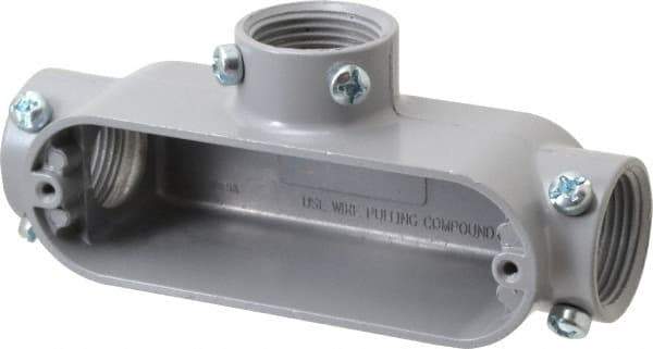 Cooper Crouse-Hinds - Form 5, T Body, 1" Trade, EMT, IMC, Rigid Aluminum Conduit Body - Rectangle, 6.33" OAL, 12.2 cc Capacity, Gray - USA Tool & Supply