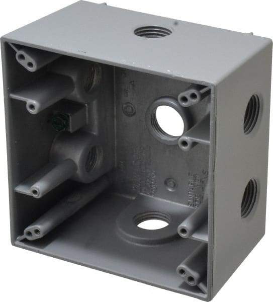 Cooper Crouse-Hinds - 2 Gang, (7) 1/2" Knockouts, Aluminum Square Outlet Box - 4-1/2" Overall Height x 4-1/2" Overall Width x 2-21/32" Overall Depth, Weather Resistant - USA Tool & Supply