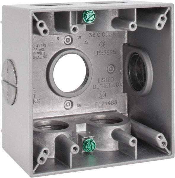 Cooper Crouse-Hinds - 2 Gang, (7) 1" Knockouts, Aluminum Square Outlet Box - 4-1/2" Overall Height x 4-1/2" Overall Width x 2-21/32" Overall Depth, Weather Resistant - USA Tool & Supply