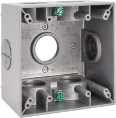 Cooper Crouse-Hinds - 2 Gang, (7) 1" Knockouts, Aluminum Square Outlet Box - 4-1/2" Overall Height x 4-1/2" Overall Width x 2-21/32" Overall Depth, Weather Resistant - USA Tool & Supply