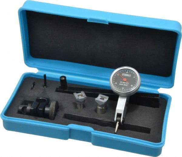 Fowler - 8 Piece, 0" to 0.03" Measuring Range, 1-1/8" Dial Diam, 0-15-0 Dial Reading, Black Dial Test Indicator Kit - 0.4" Contact Point Length, 0.04 & 0.08" Ball Diam, 0.0005" Dial Graduation - USA Tool & Supply