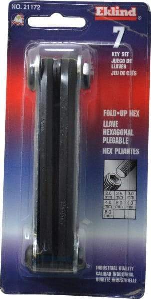 Eklind - 7 Piece Fold-Up Hex Key Set - Hex Range 2 to 8mm, Alloy Steel - USA Tool & Supply