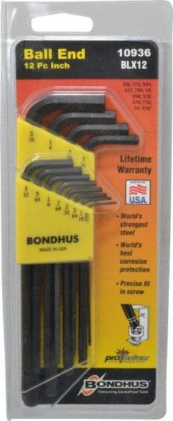 Bondhus - 12 Piece L-Key Ball End Hex Key Set - Hex Range 0.05 to 5/16" - USA Tool & Supply