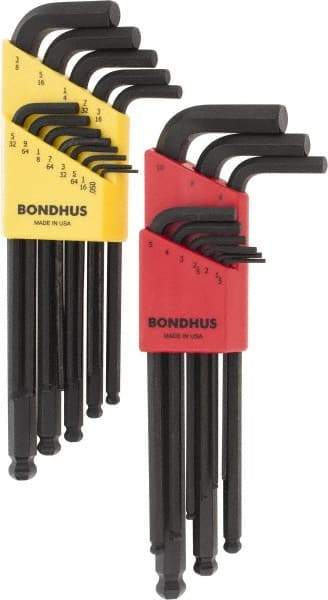 Bondhus - 22 Piece L-Key Ball End Hex Key Set - Hex Range 0.05 to 3/8" - USA Tool & Supply