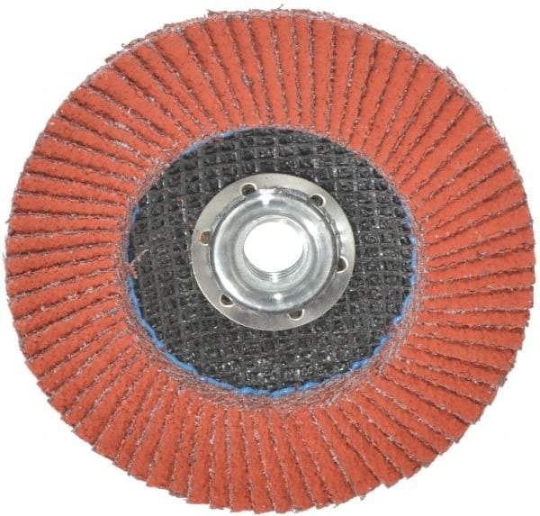 3M - 40 Grit, 4-1/2" Disc Diam, 5/8-11 Center Hole, Type 27 Ceramic Flap Disc - 13,300 Max RPM, Cloth Backing, Arbor Attaching System, Coated - USA Tool & Supply