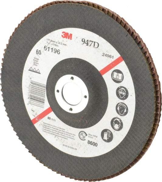 3M - 60 Grit, 7" Disc Diam, 7/8" Center Hole, Type 27 Ceramic Flap Disc - 8,600 Max RPM, Cloth Backing, Arbor Attaching System, Coated - USA Tool & Supply
