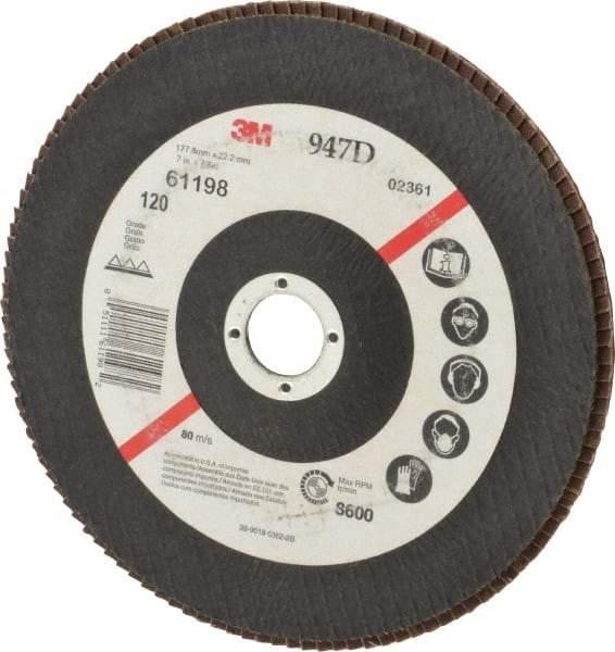 3M - 120 Grit, 7" Disc Diam, 7/8" Center Hole, Type 27 Ceramic Flap Disc - 8,600 Max RPM, Cloth Backing, Arbor Attaching System, Coated - USA Tool & Supply