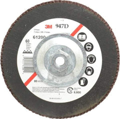 3M - 60 Grit, 7" Disc Diam, 5/8-11 Center Hole, Type 27 Ceramic Flap Disc - 8,600 Max RPM, Cloth Backing, Arbor Attaching System, Coated - USA Tool & Supply
