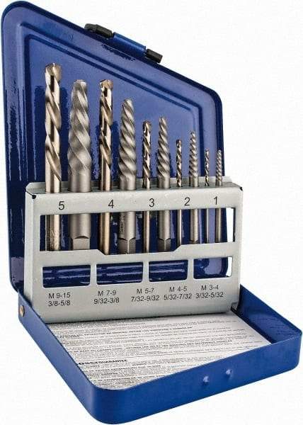 Irwin - 10 Piece Spiral Flute Screw Extractor & Drill Set - Screw Range 3/16 to 3/4" - USA Tool & Supply