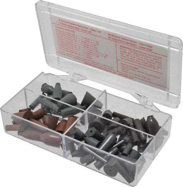 Cratex - 68 Piece Rubber Point Test Set - Includes 16 Cylinder Points, 32 Bullet Points, 16 Tapered Points & 4 Point Mandrels - USA Tool & Supply